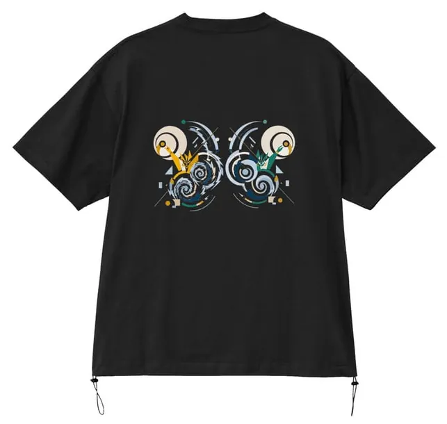 Fu-jin Rai-jin codexT の背面。ブラックのTシャツに、風神と雷神が向かい合う渦巻きのプリント